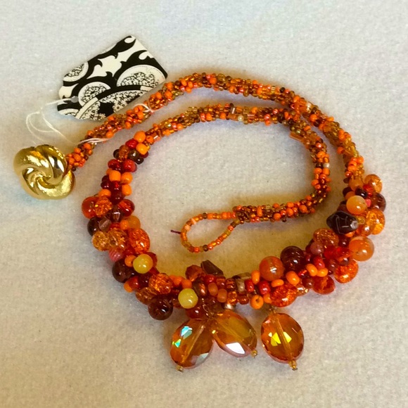 FINAL SALE PRICE CL Designs Crochet Orange Necklace w/Gold Crystals - Picture 1 of 5